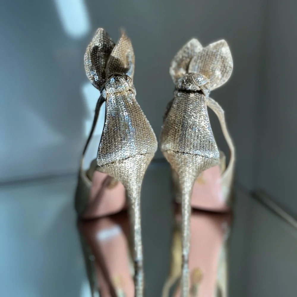 EUC Aquazzura Deneuve Bow Tie Sequin 105 pump 38.5 - Picture 4 of 10